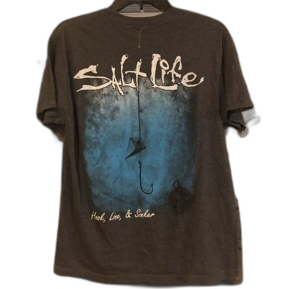 Salt Life T Shirt Men Large Gray Hook Line Sinker Fishing Pocket Graphic Tee